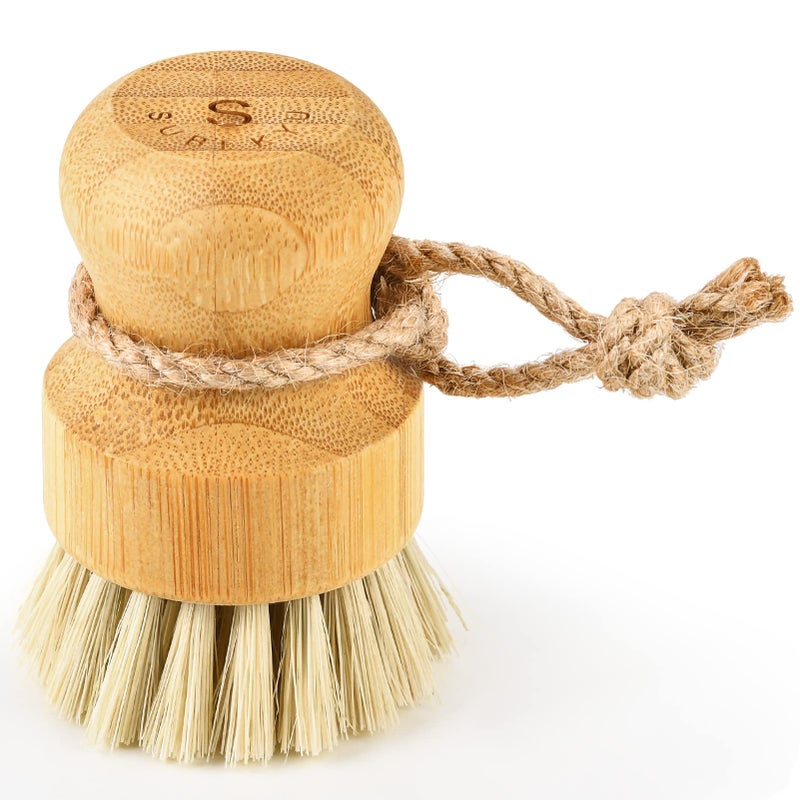 SUBEKYU Bamboo Dish Scrub Brushes  Bubble Up Bamboo Dish Brush Set with Brush Tray  Kitchen Wooden Cleaning Scrubbers Set for Washing Cast Iron Pan/Pot  Natural Sisal +Coconut Palbristles  Set of 2 - Image 1
